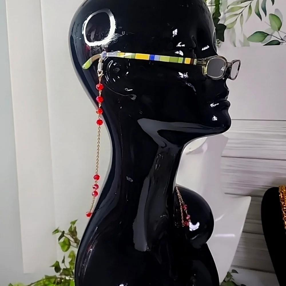 Gold with Red AB Crystal Bead Multi Use Chain Mask Eyeglass or ID Holder New
